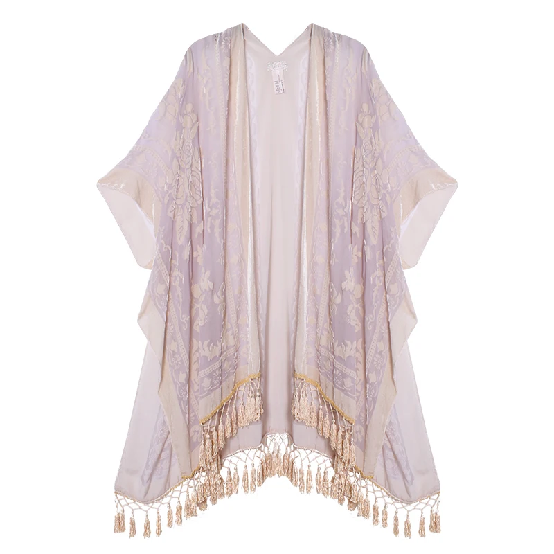 MJSERECA Bohemian Fashion women burnt plush kimono long cardigan with tassel beach cover-up luxury Holiday Casual Cardigan Shawl