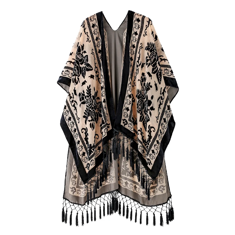 MJSERECA Bohemian Fashion women burnt plush kimono long cardigan with tassel beach cover-up luxury Holiday Casual Cardigan Shawl