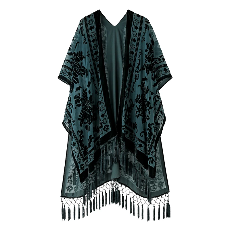 MJSERECA Bohemian Fashion women burnt plush kimono long cardigan with tassel beach cover-up luxury Holiday Casual Cardigan Shawl