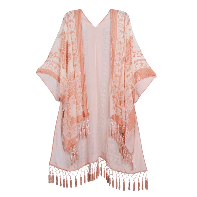 MJSERECA Bohemian Fashion women burnt plush kimono long cardigan with tassel beach cover-up luxury Holiday Casual Cardigan Shawl
