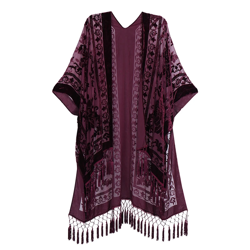 MJSERECA Bohemian Fashion women burnt plush kimono long cardigan with tassel beach cover-up luxury Holiday Casual Cardigan Shawl