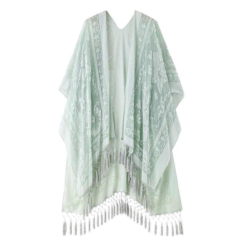 MJSERECA Bohemian Fashion women burnt plush kimono long cardigan with tassel beach cover-up luxury Holiday Casual Cardigan Shawl