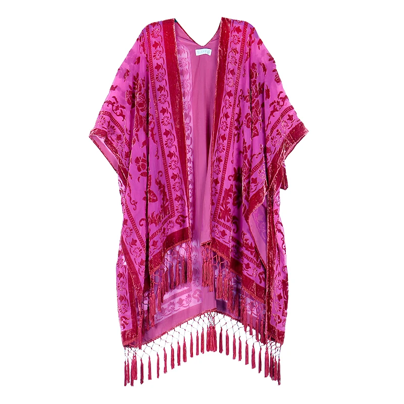MJSERECA Bohemian Fashion women burnt plush kimono long cardigan with tassel beach cover-up luxury Holiday Casual Cardigan Shawl