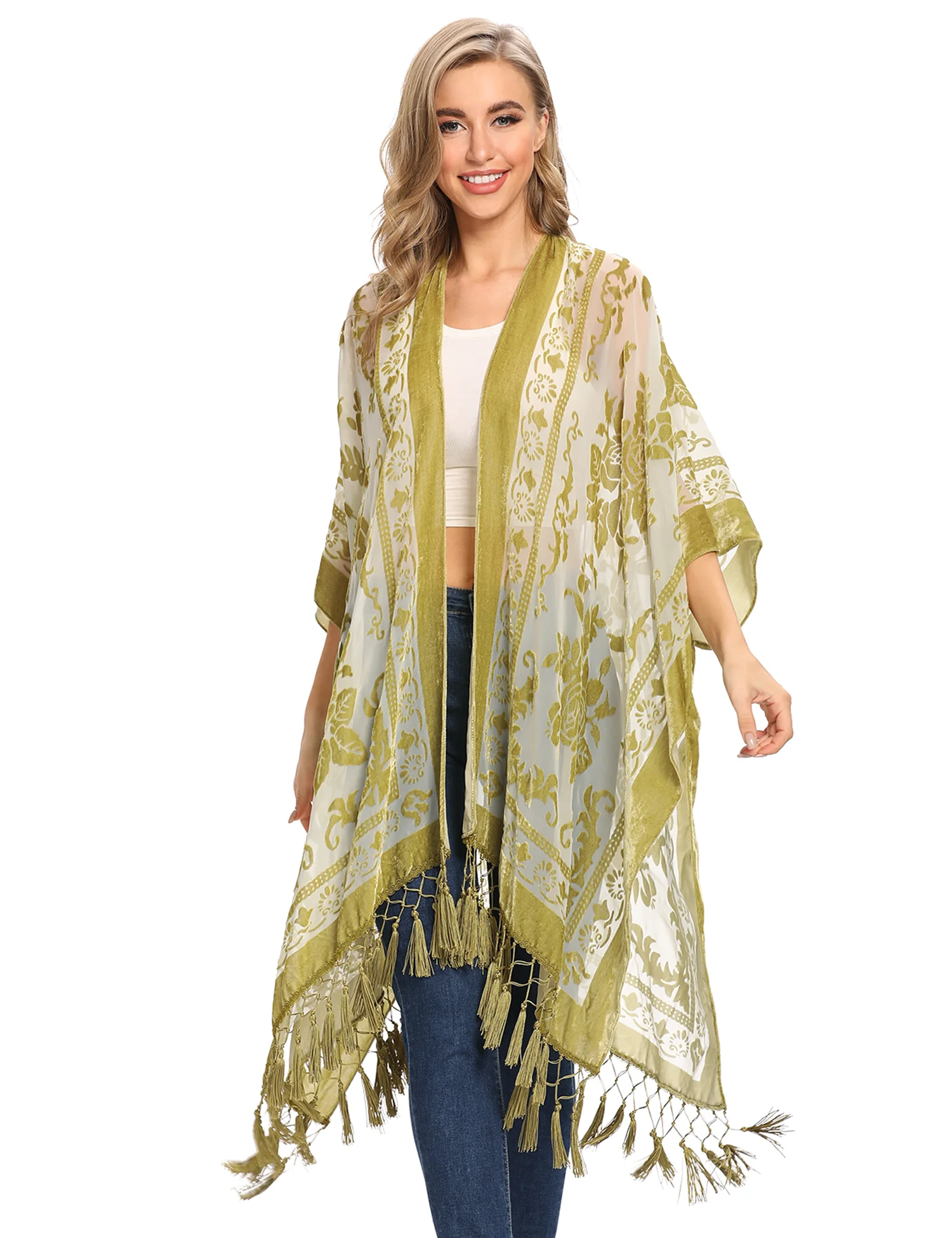 MJSERECA Bohemian Fashion women burnt plush kimono long cardigan with tassel beach cover-up luxury Holiday Casual Cardigan Shawl