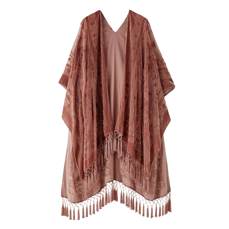 MJSERECA Bohemian Fashion women burnt plush kimono long cardigan with tassel beach cover-up luxury Holiday Casual Cardigan Shawl