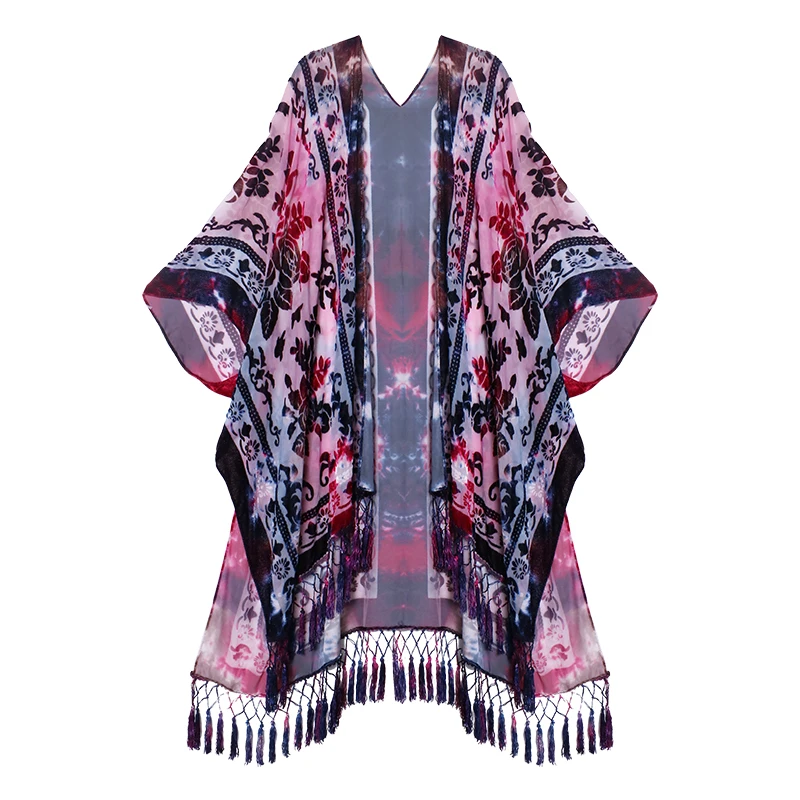 MJSERECA Bohemian Fashion women burnt plush kimono long cardigan with tassel beach cover-up luxury Holiday Casual Cardigan Shawl