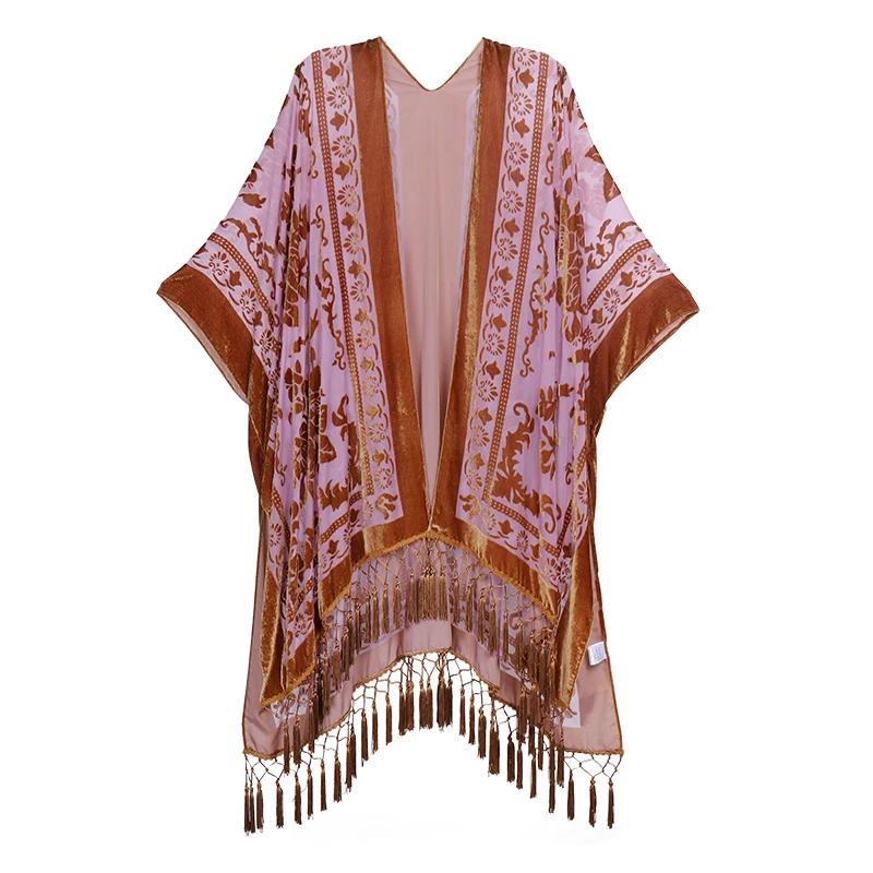 MJSERECA Bohemian Fashion women burnt plush kimono long cardigan with tassel beach cover-up luxury Holiday Casual Cardigan Shawl