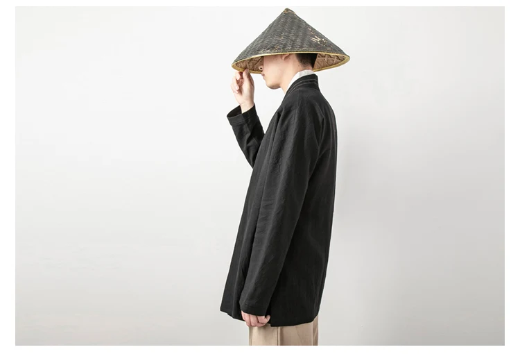 Men's Chinese Style Linen Cardigan Jacket Loose Black Kimono Jacket Solid Color Self-Tie Hanfu Traditional Clothing 4Xl