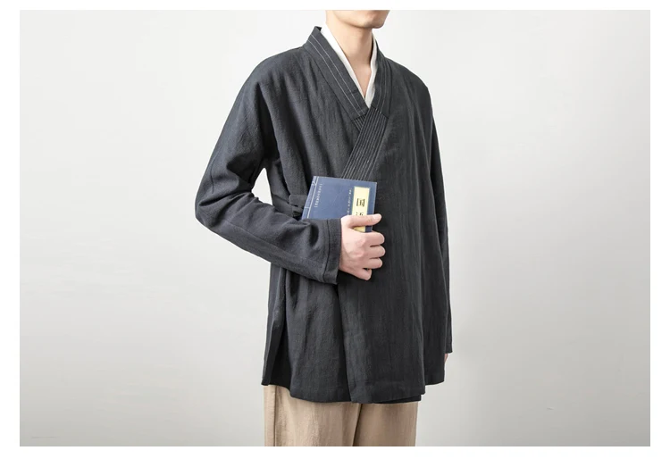Men's Chinese Style Linen Cardigan Jacket Loose Black Kimono Jacket Solid Color Self-Tie Hanfu Traditional Clothing 4Xl