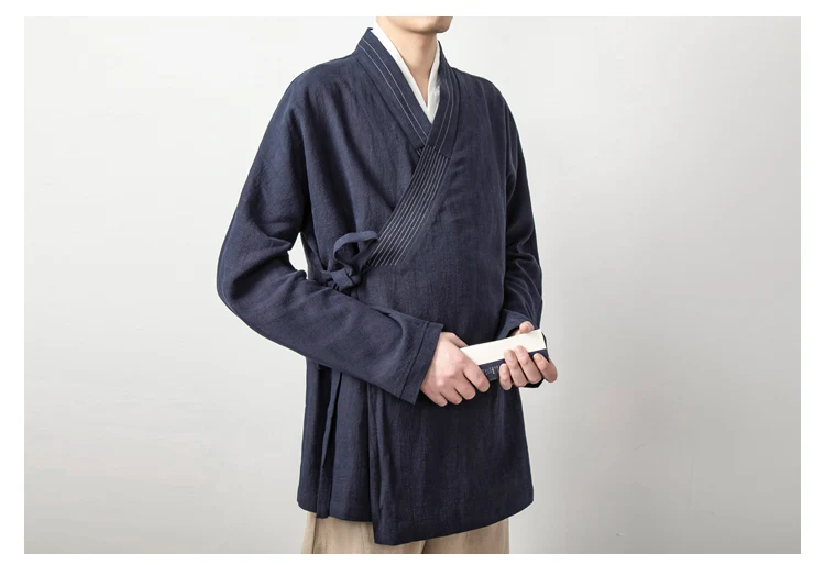 Men's Chinese Style Linen Cardigan Jacket Loose Black Kimono Jacket Solid Color Self-Tie Hanfu Traditional Clothing 4Xl
