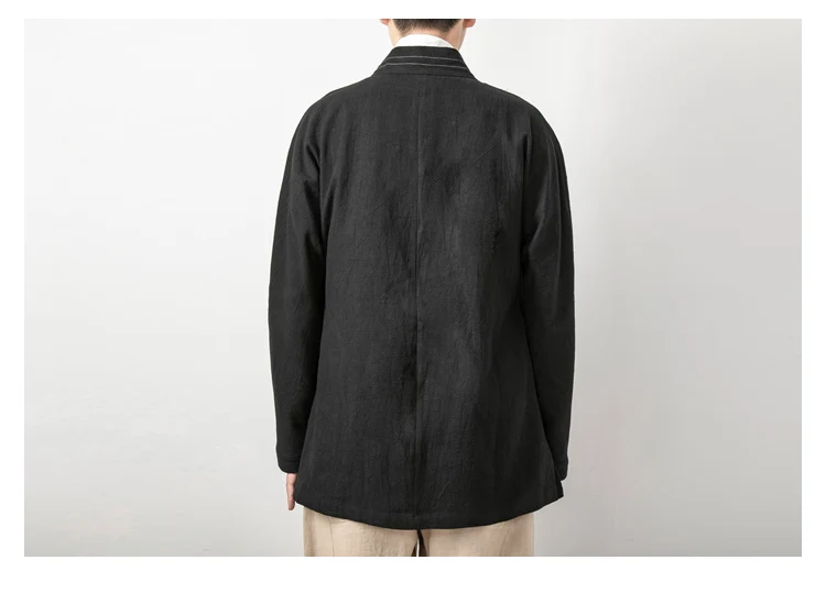 Men's Chinese Style Linen Cardigan Jacket Loose Black Kimono Jacket Solid Color Self-Tie Hanfu Traditional Clothing 4Xl