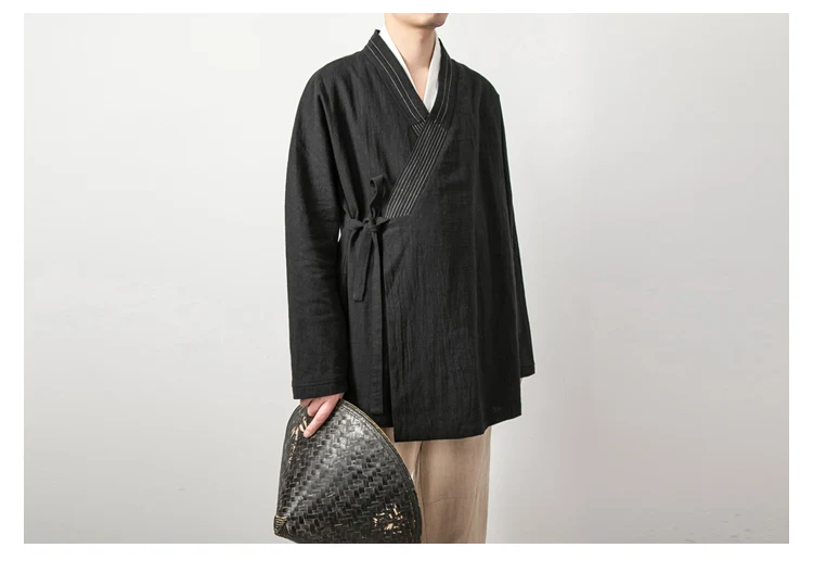 Men's Chinese Style Linen Cardigan Jacket Loose Black Kimono Jacket Solid Color Self-Tie Hanfu Traditional Clothing 4Xl