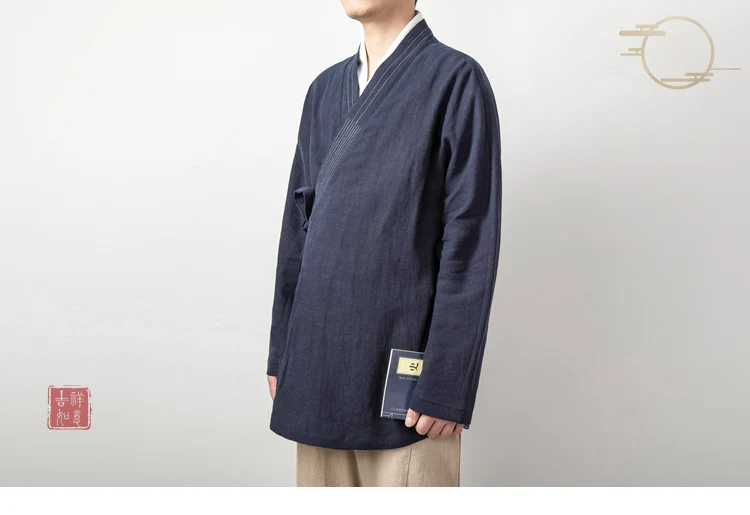 Men's Chinese Style Linen Cardigan Jacket Loose Black Kimono Jacket Solid Color Self-Tie Hanfu Traditional Clothing 4Xl