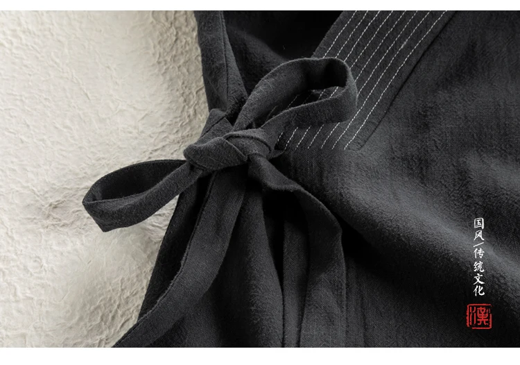 Men's Chinese Style Linen Cardigan Jacket Loose Black Kimono Jacket Solid Color Self-Tie Hanfu Traditional Clothing 4Xl