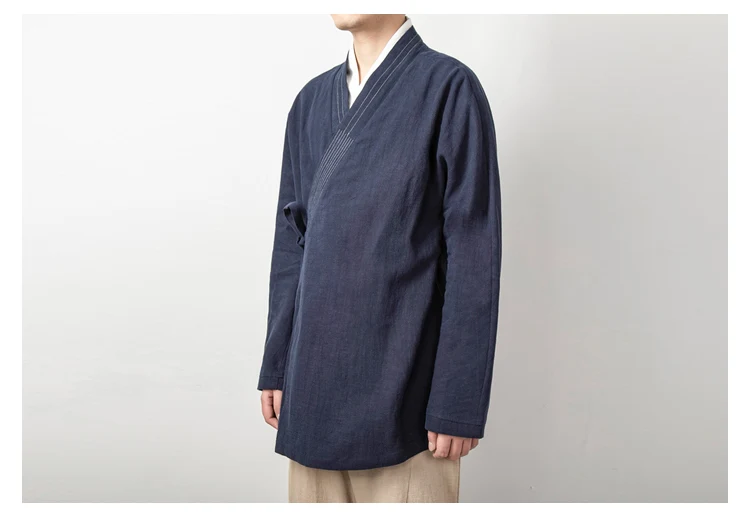 Men's Chinese Style Linen Cardigan Jacket Loose Black Kimono Jacket Solid Color Self-Tie Hanfu Traditional Clothing 4Xl