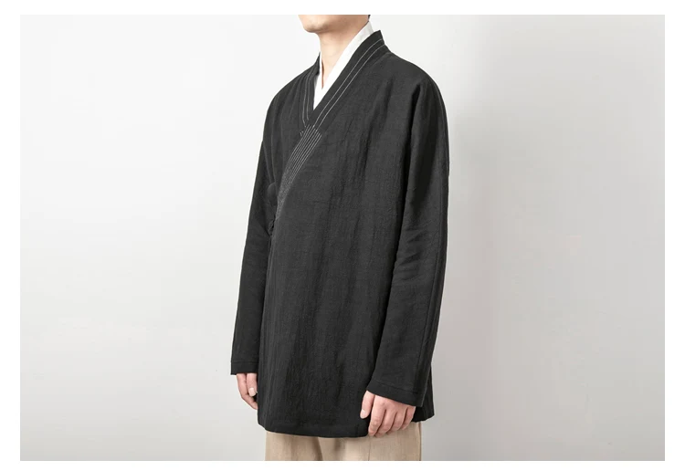 Men's Chinese Style Linen Cardigan Jacket Loose Black Kimono Jacket Solid Color Self-Tie Hanfu Traditional Clothing 4Xl