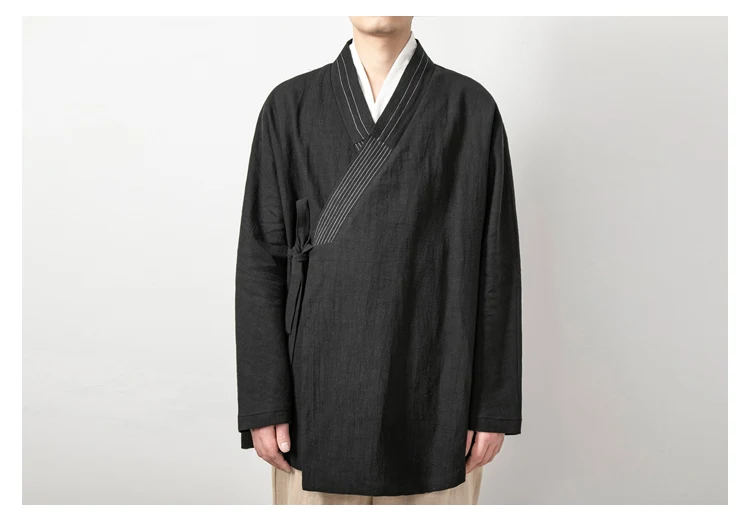 Men's Chinese Style Linen Cardigan Jacket Loose Black Kimono Jacket Solid Color Self-Tie Hanfu Traditional Clothing 4Xl