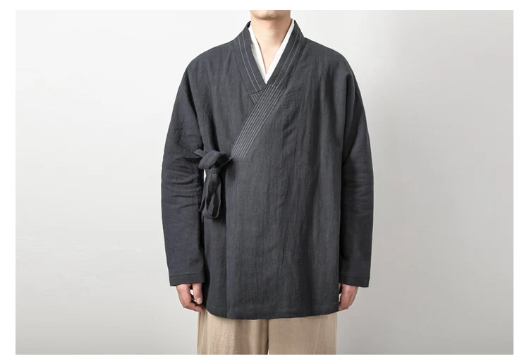 Men's Chinese Style Linen Cardigan Jacket Loose Black Kimono Jacket Solid Color Self-Tie Hanfu Traditional Clothing 4Xl