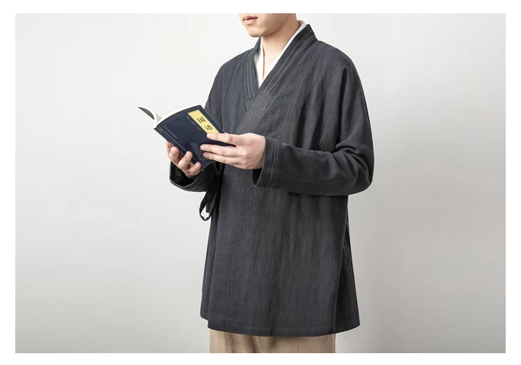 Men's Chinese Style Linen Cardigan Jacket Loose Black Kimono Jacket Solid Color Self-Tie Hanfu Traditional Clothing 4Xl