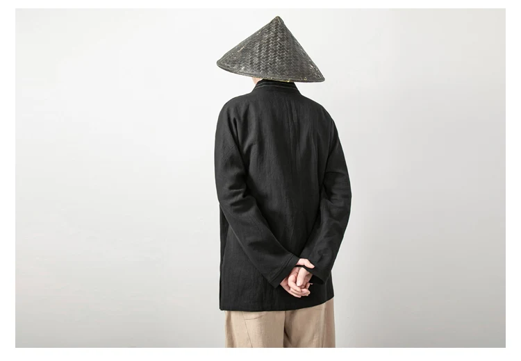 Men's Chinese Style Linen Cardigan Jacket Loose Black Kimono Jacket Solid Color Self-Tie Hanfu Traditional Clothing 4Xl
