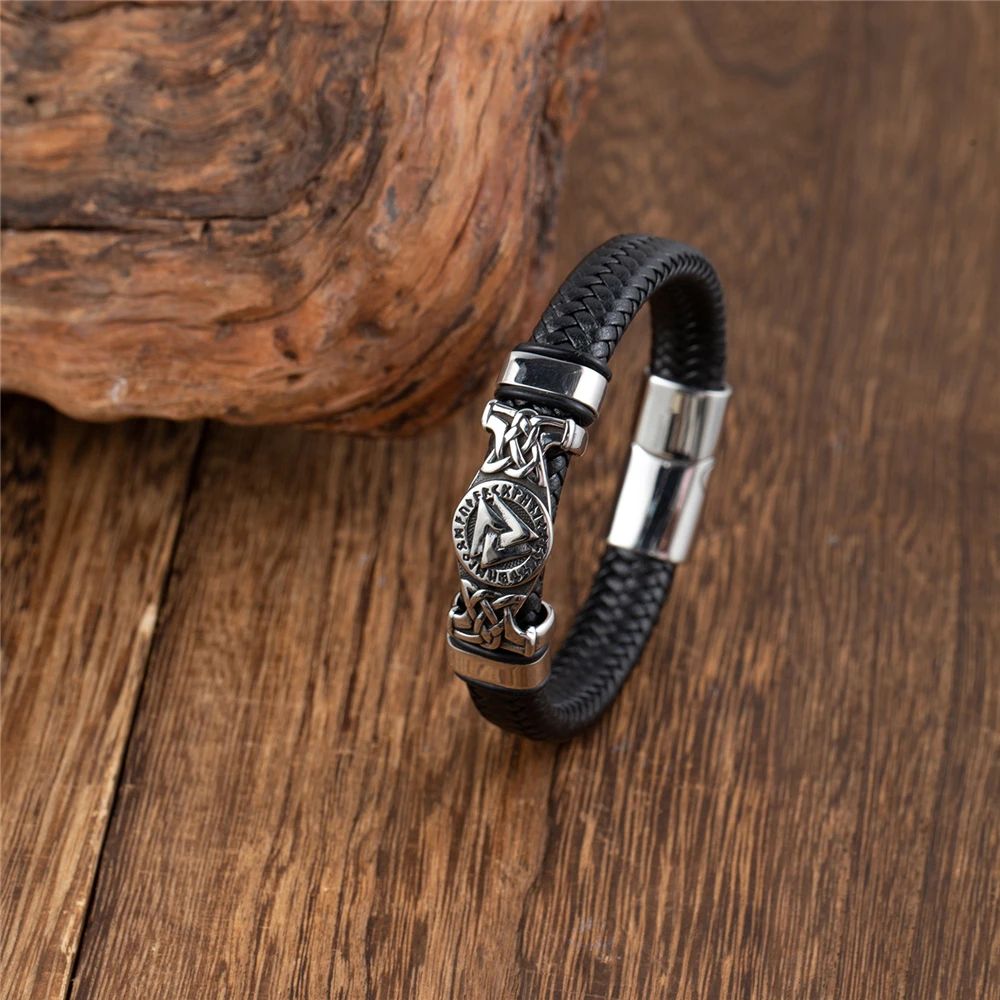 Vintage Handmade Norse Runes Valknut Bracelet Men Stainless Steel Vikings Celtic Knot Amulet Leather Bangle Scandinavian Jewelry