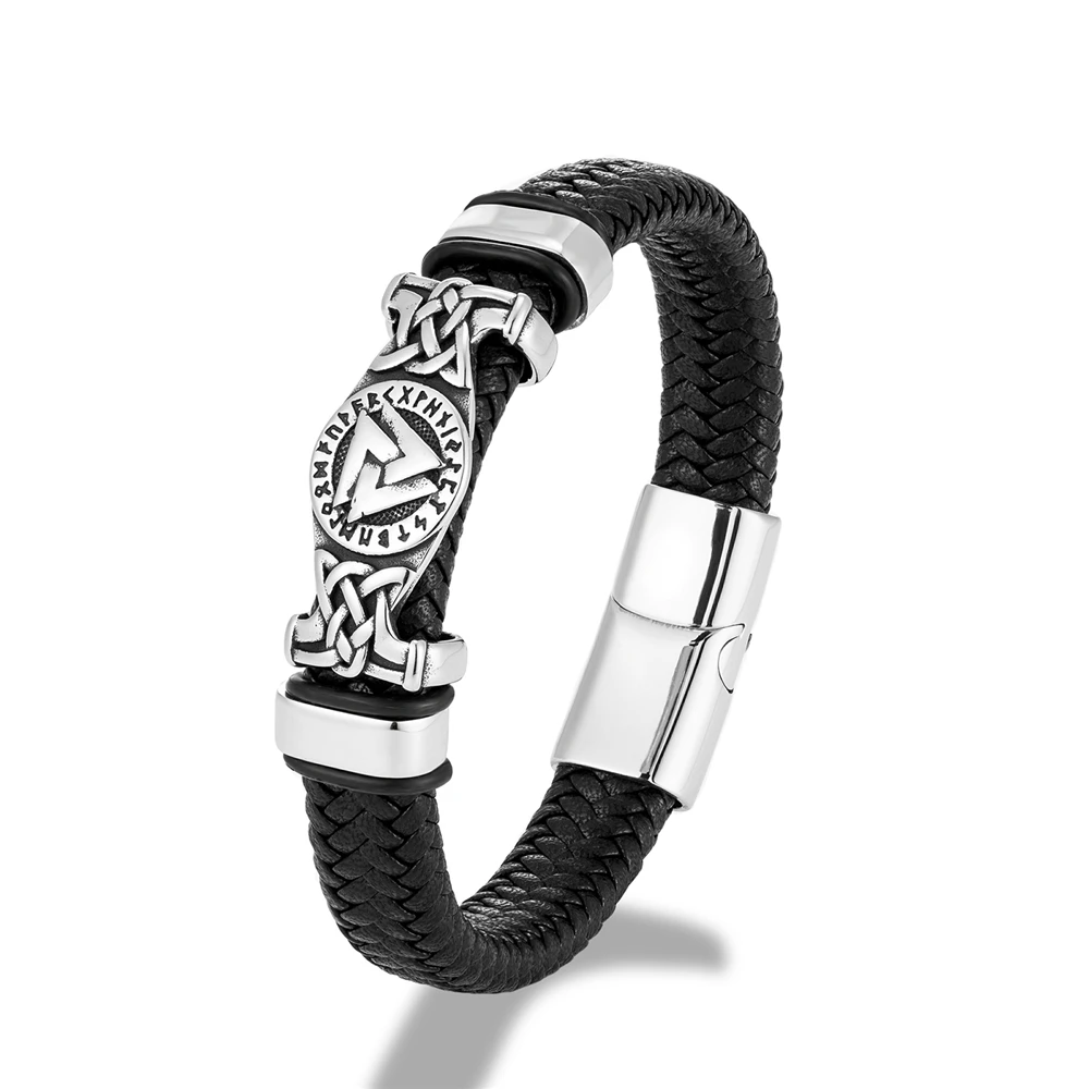 Vintage Handmade Norse Runes Valknut Bracelet Men Stainless Steel Vikings Celtic Knot Amulet Leather Bangle Scandinavian Jewelry