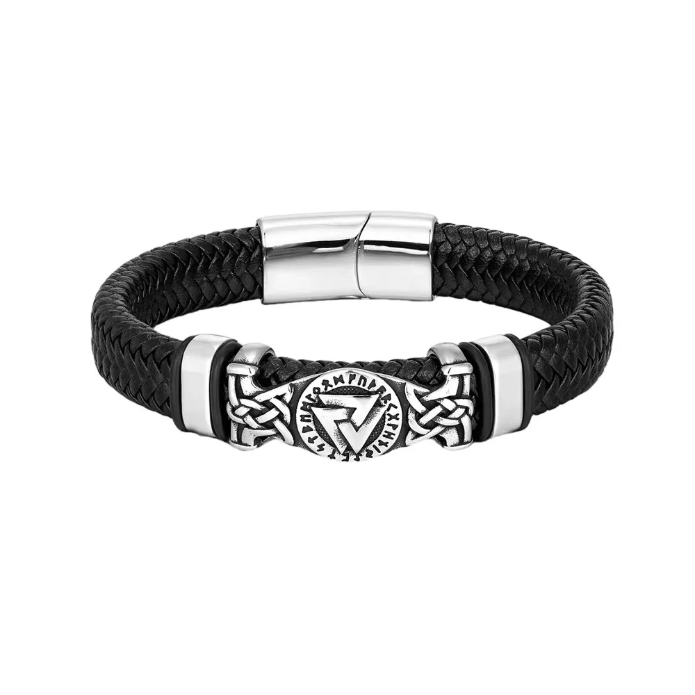 Vintage Handmade Norse Runes Valknut Bracelet Men Stainless Steel Vikings Celtic Knot Amulet Leather Bangle Scandinavian Jewelry