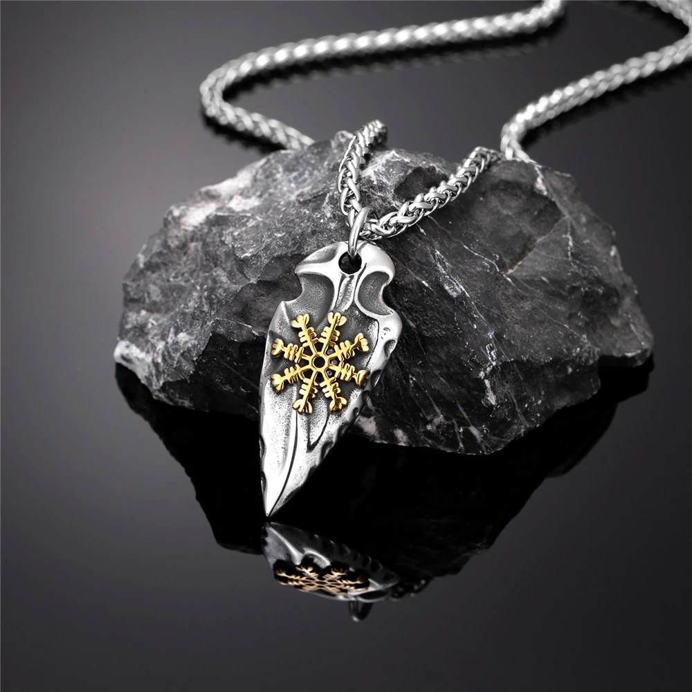 Never Fade Norse Compass Gold Color Necklace Men Vikings Runes Stainless Steel Trident Vegvisir Amulet Pendant Icelandic Jewelry