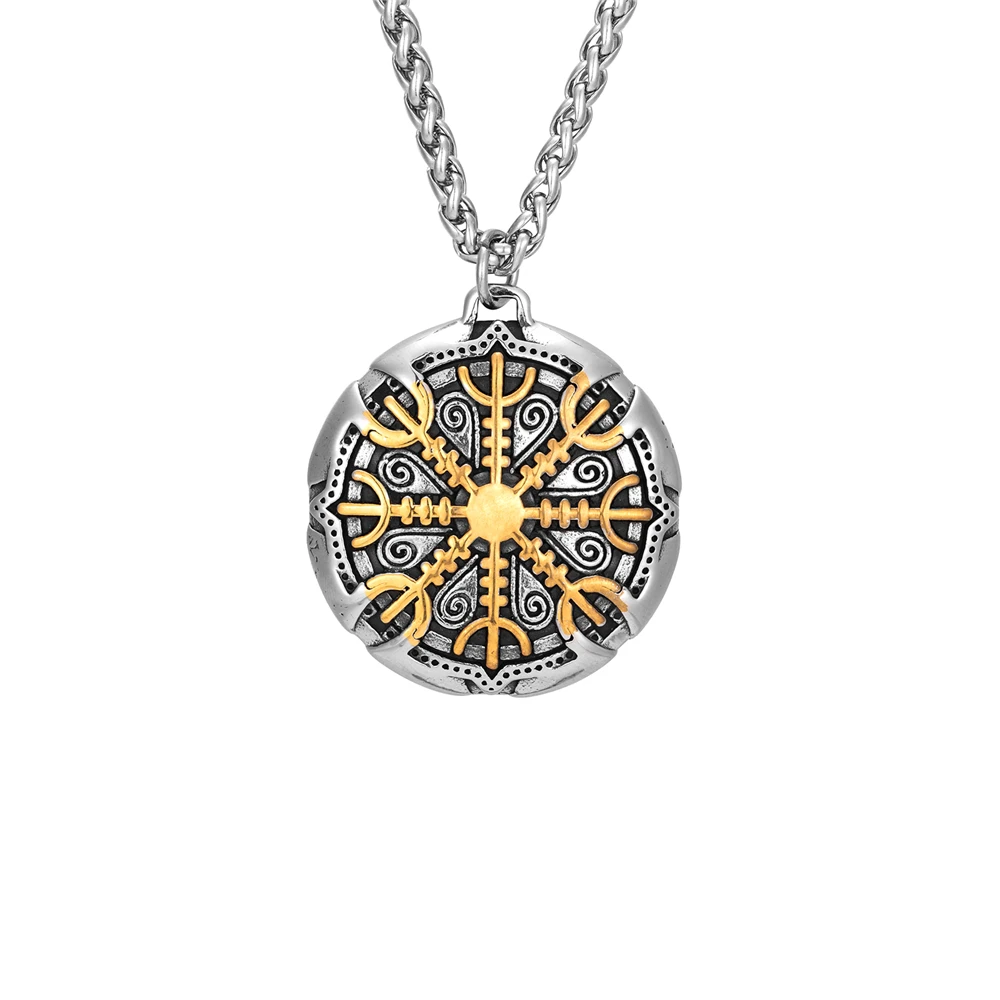 Never Fade Norse Compass Gold Color Necklace Men Vikings Runes Stainless Steel Trident Vegvisir Amulet Pendant Icelandic Jewelry