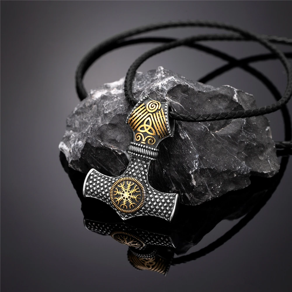 Never Fade Norse Compass Gold Color Necklace Men Vikings Runes Stainless Steel Trident Vegvisir Amulet Pendant Icelandic Jewelry