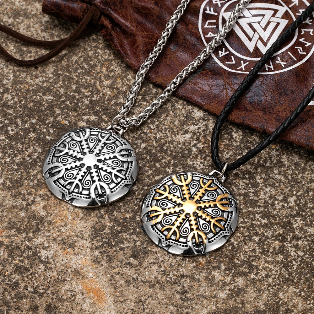 Never Fade Norse Compass Gold Color Necklace Men Vikings Runes Stainless Steel Trident Vegvisir Amulet Pendant Icelandic Jewelry