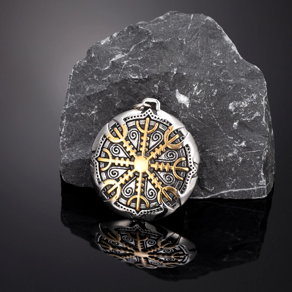 Never Fade Norse Compass Gold Color Necklace Men Vikings Runes Stainless Steel Trident Vegvisir Amulet Pendant Icelandic Jewelry