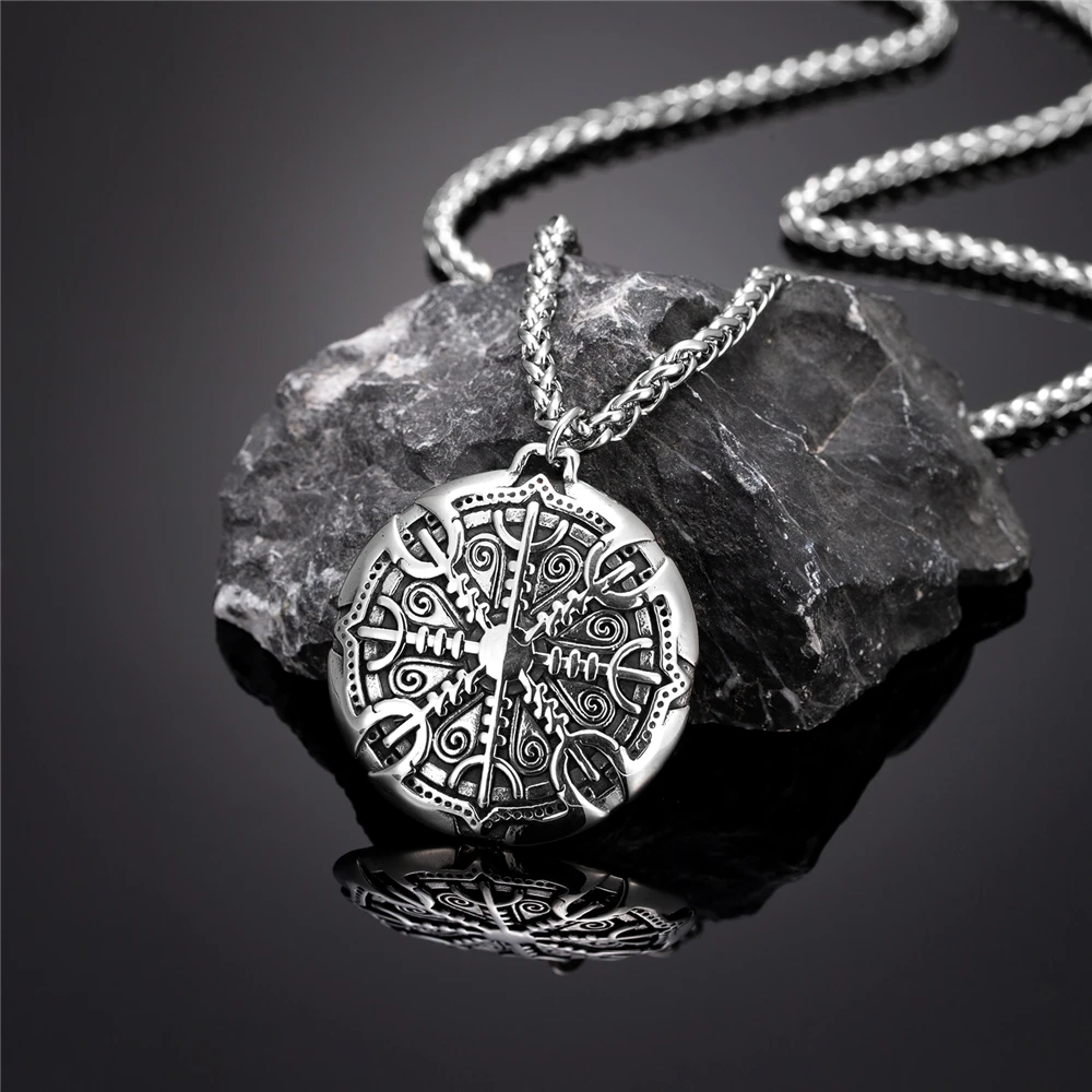 Never Fade Norse Compass Gold Color Necklace Men Vikings Runes Stainless Steel Trident Vegvisir Amulet Pendant Icelandic Jewelry