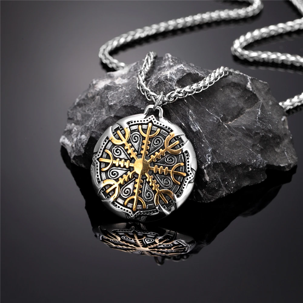 Never Fade Norse Compass Gold Color Necklace Men Vikings Runes Stainless Steel Trident Vegvisir Amulet Pendant Icelandic Jewelry