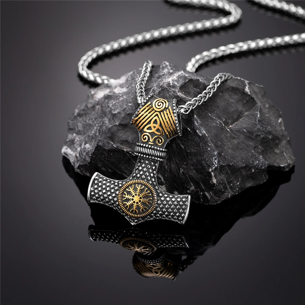 Never Fade Norse Compass Gold Color Necklace Men Vikings Runes Stainless Steel Trident Vegvisir Amulet Pendant Icelandic Jewelry