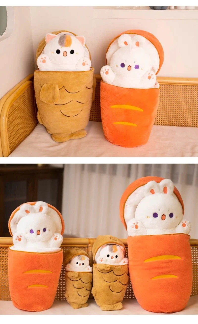 Kawaii Taiyaki Cat Plush Toy Rabbit Hiding in Carrot Furry Cartoon Animals Plush Throw Pillow Christmas Gift For Kids Girl