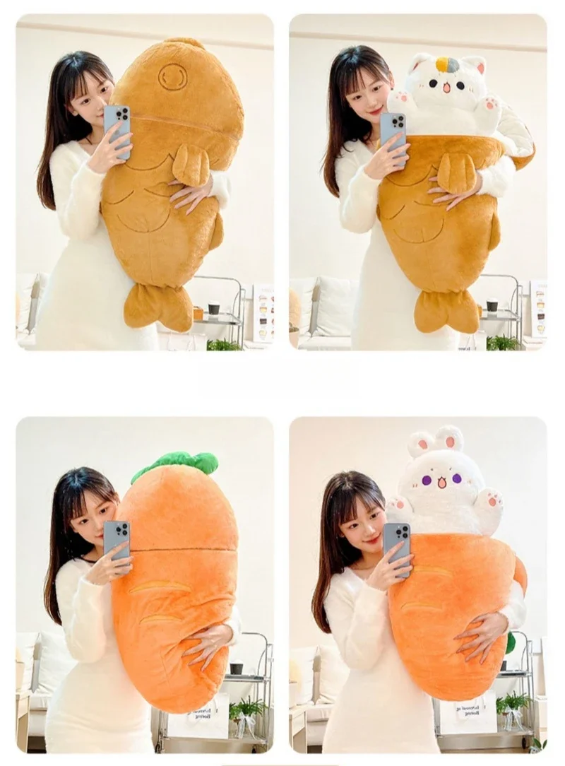 Kawaii Taiyaki Cat Plush Toy Rabbit Hiding in Carrot Furry Cartoon Animals Plush Throw Pillow Christmas Gift For Kids Girl