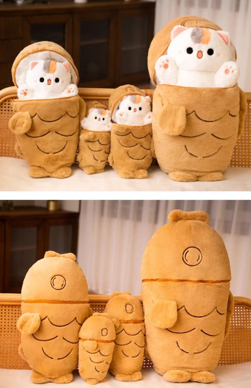 Kawaii Taiyaki Cat Plush Toy Rabbit Hiding in Carrot Furry Cartoon Animals Plush Throw Pillow Christmas Gift For Kids Girl
