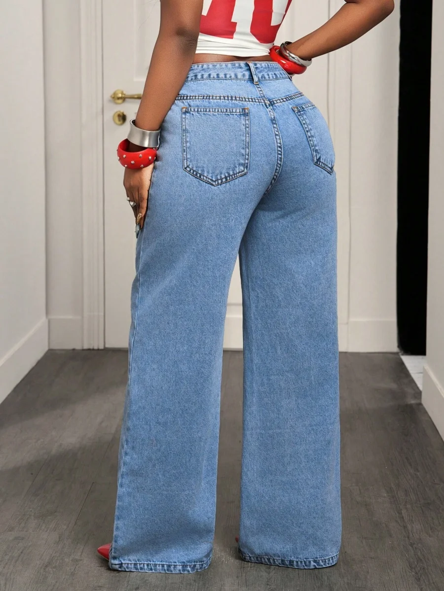 Benuynffy High Street Fashion 2 In 1 Mid Waisted Jeans Women's American Vintage Y2k Versatile Casual Loose Wide Leg Denim Pants