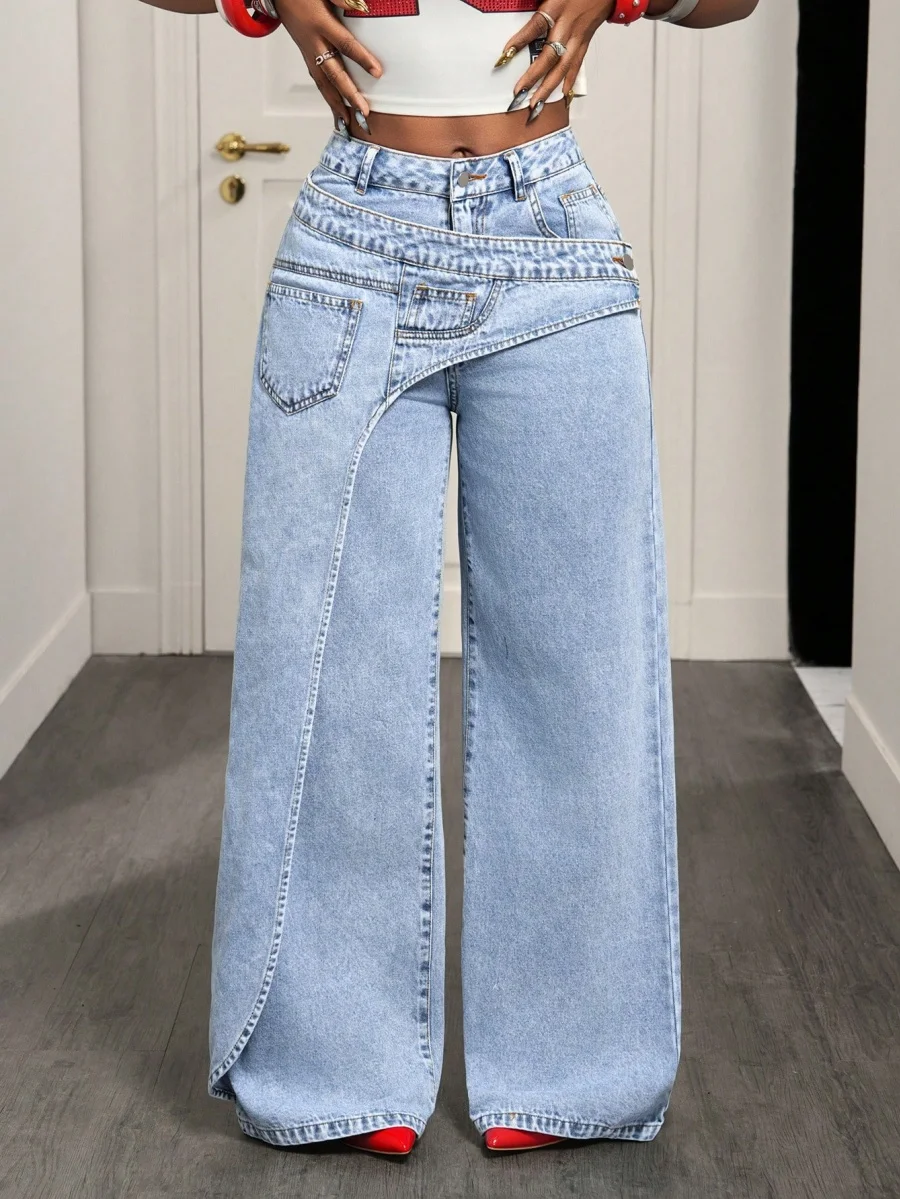 Benuynffy High Street Fashion 2 In 1 Mid Waisted Jeans Women's American Vintage Y2k Versatile Casual Loose Wide Leg Denim Pants