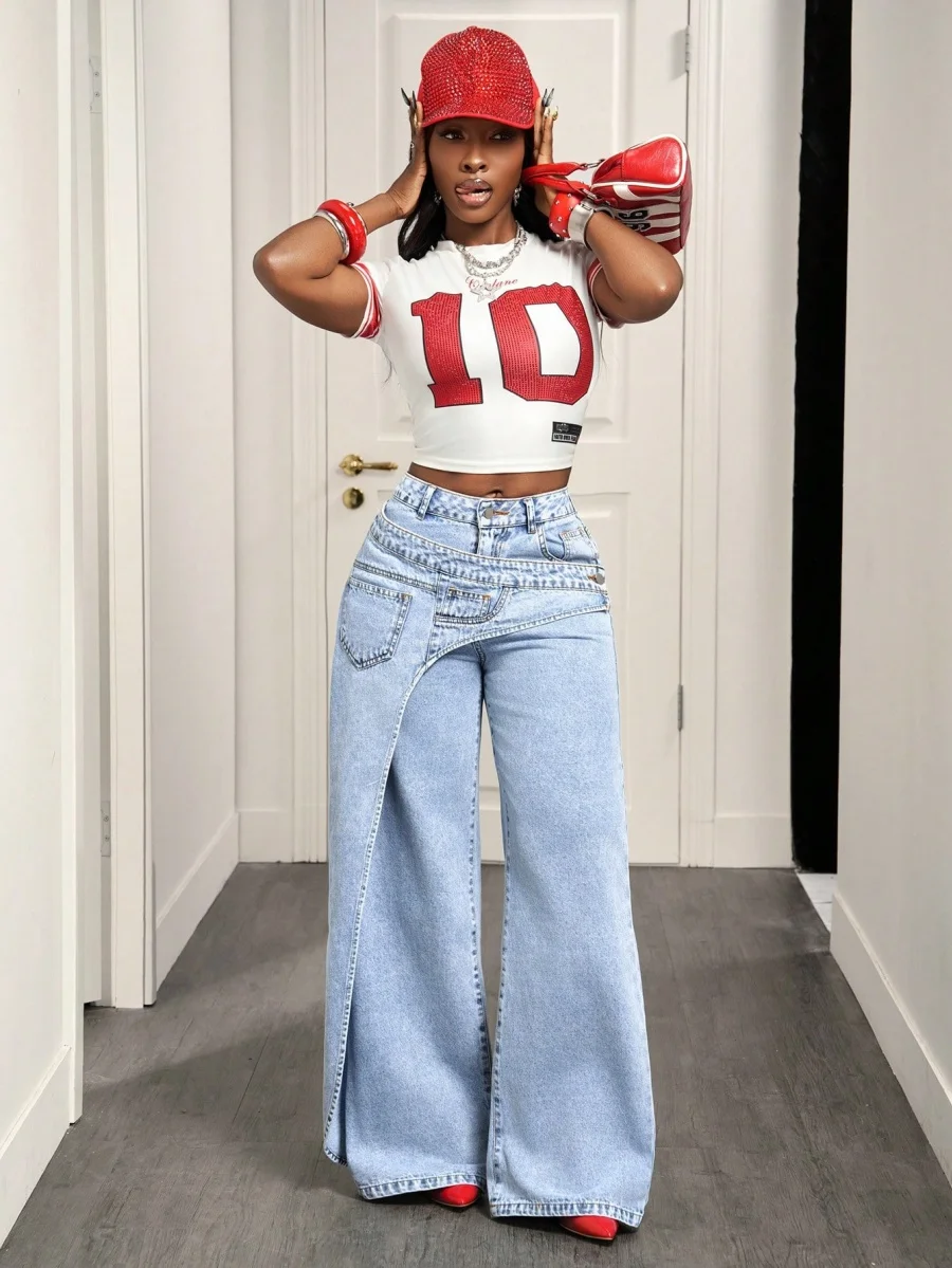 Benuynffy High Street Fashion 2 In 1 Mid Waisted Jeans Women's American Vintage Y2k Versatile Casual Loose Wide Leg Denim Pants