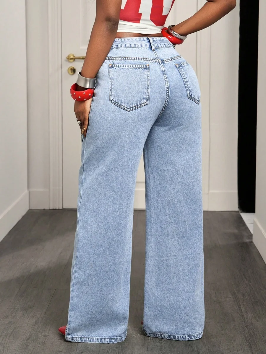 Benuynffy High Street Fashion 2 In 1 Mid Waisted Jeans Women's American Vintage Y2k Versatile Casual Loose Wide Leg Denim Pants