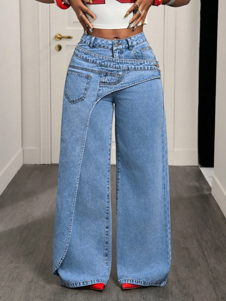 Benuynffy High Street Fashion 2 In 1 Mid Waisted Jeans Women's American Vintage Y2k Versatile Casual Loose Wide Leg Denim Pants