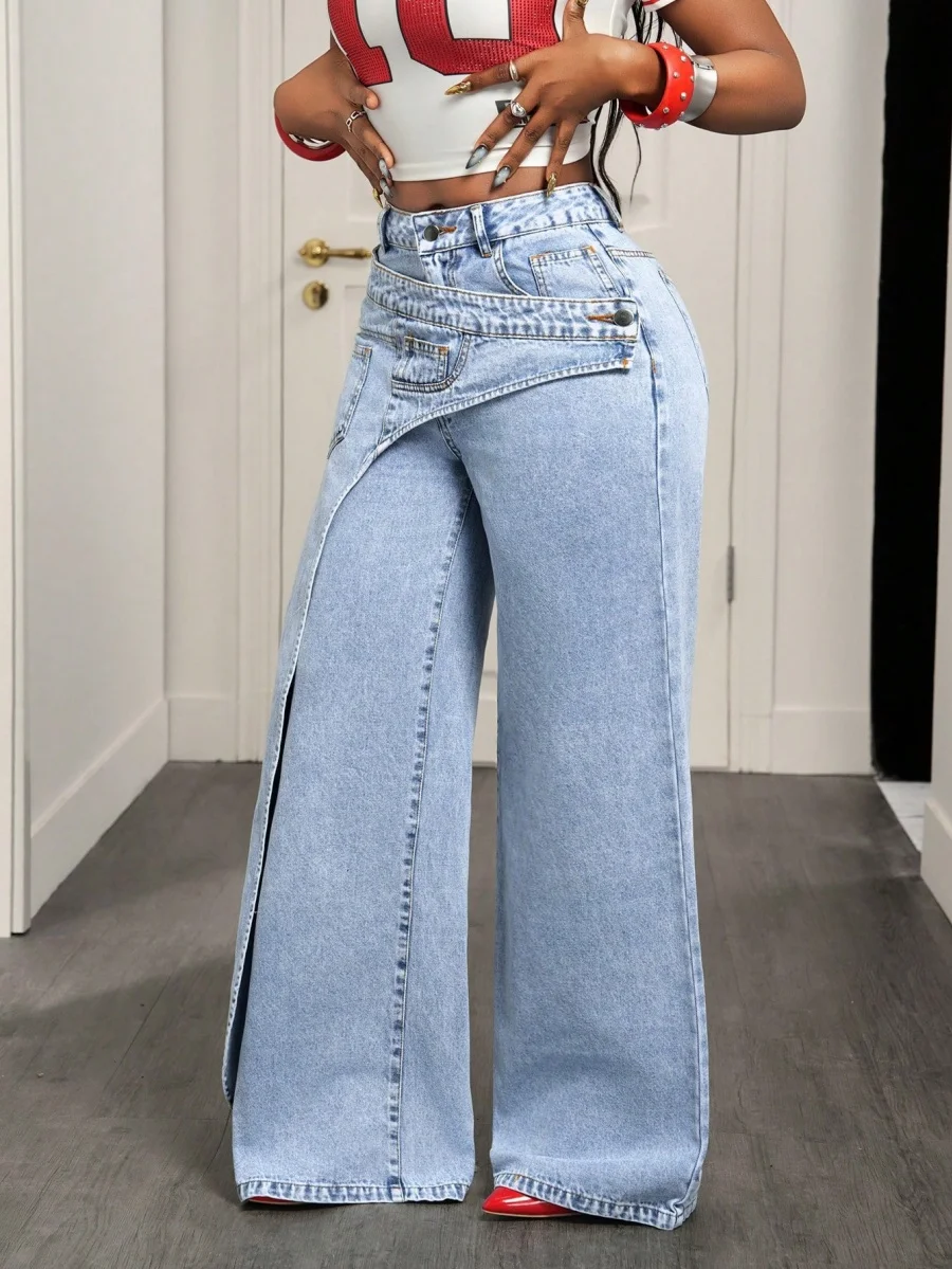 Benuynffy High Street Fashion 2 In 1 Mid Waisted Jeans Women's American Vintage Y2k Versatile Casual Loose Wide Leg Denim Pants