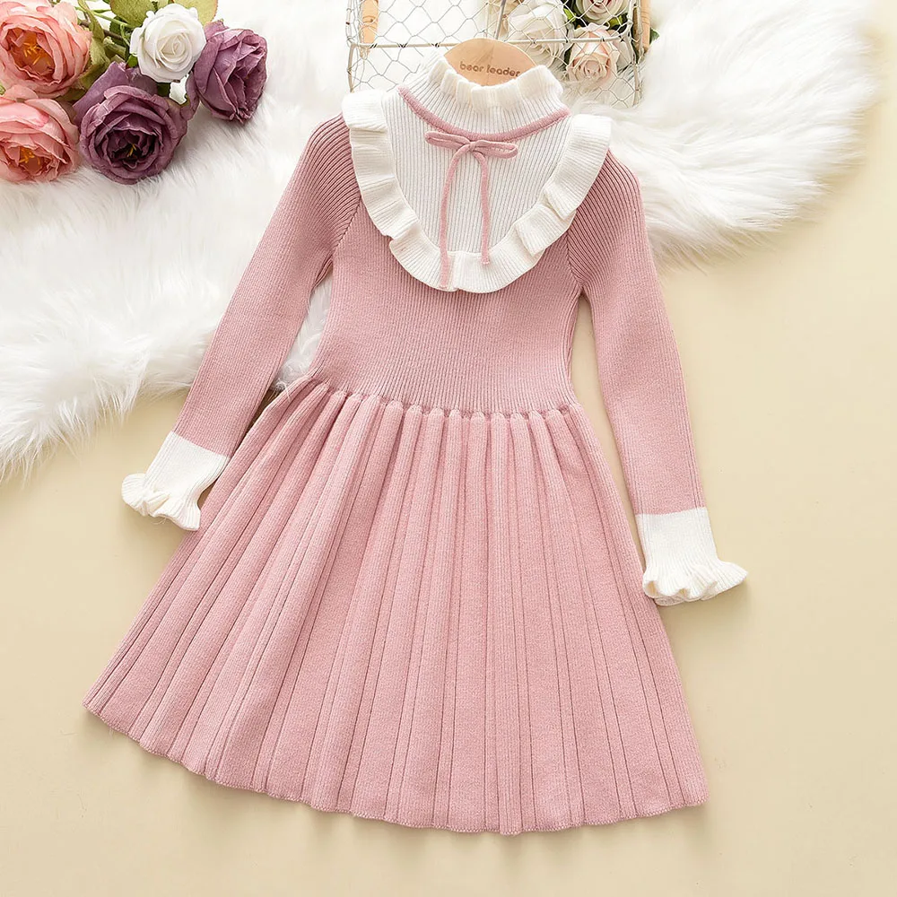 Bear Leader Autumn Winter Girls Sweater Long Sleeve Dress Vest Stripe Party Girl Baby Retro Knitted Wool Dress Casual Vestidos
