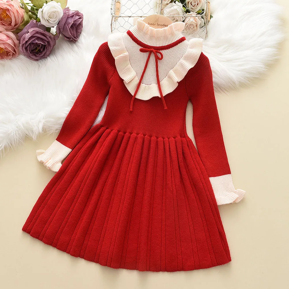 Bear Leader Autumn Winter Girls Sweater Long Sleeve Dress Vest Stripe Party Girl Baby Retro Knitted Wool Dress Casual Vestidos