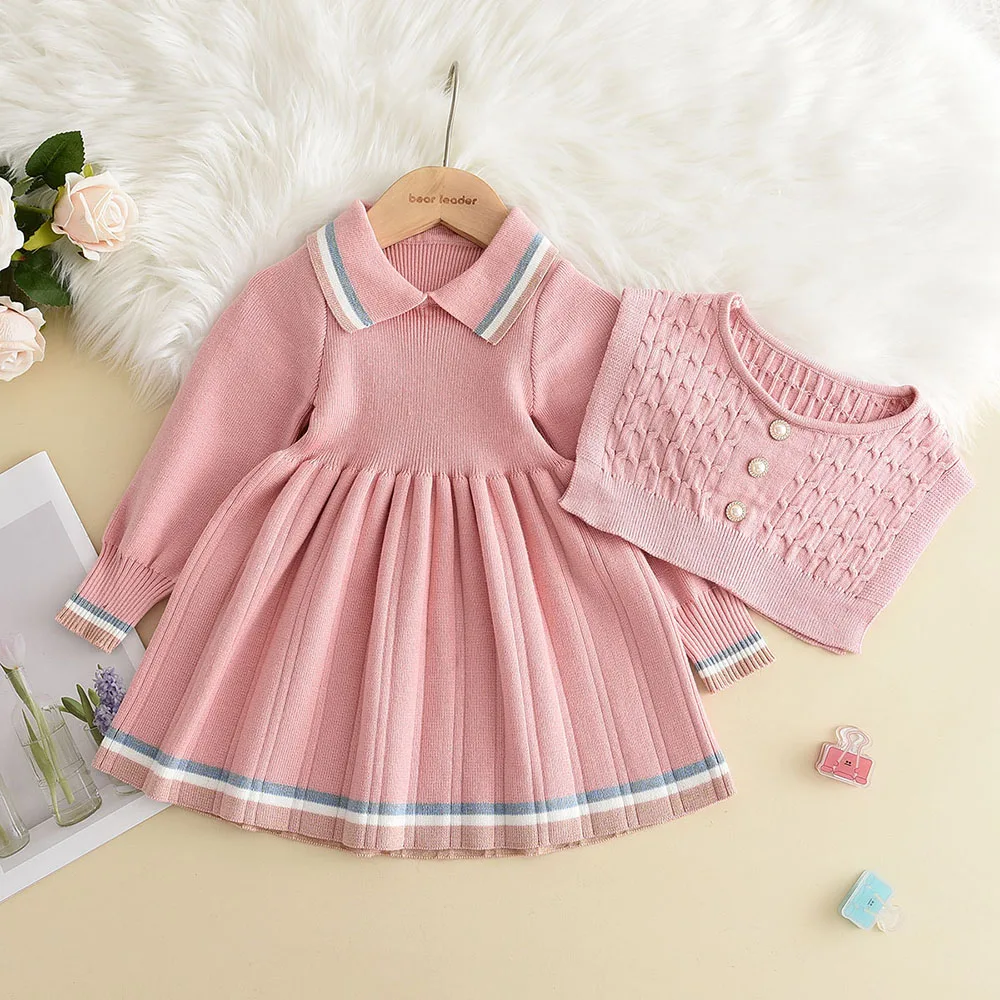 Bear Leader Autumn Winter Girls Sweater Long Sleeve Dress Vest Stripe Party Girl Baby Retro Knitted Wool Dress Casual Vestidos