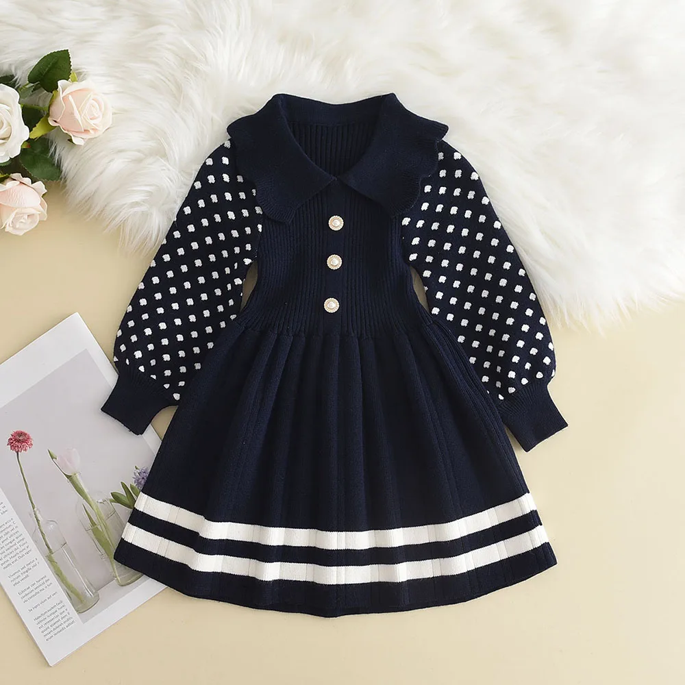 Bear Leader Autumn Winter Girls Sweater Long Sleeve Dress Vest Stripe Party Girl Baby Retro Knitted Wool Dress Casual Vestidos