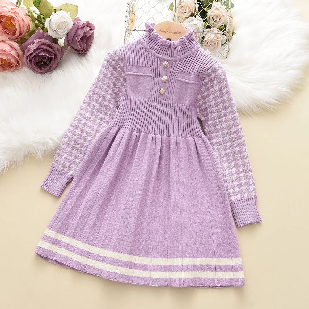 Bear Leader Autumn Winter Girls Sweater Long Sleeve Dress Vest Stripe Party Girl Baby Retro Knitted Wool Dress Casual Vestidos