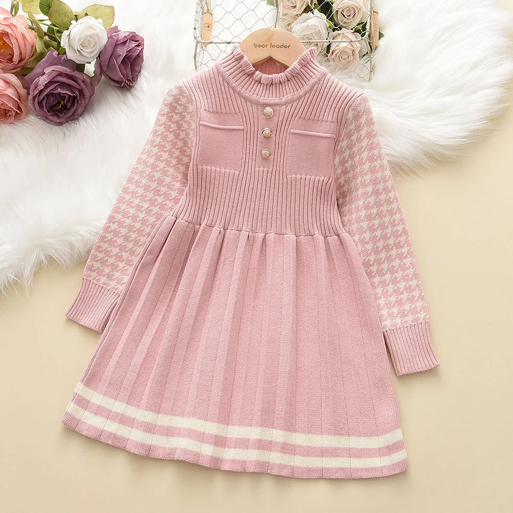Bear Leader Autumn Winter Girls Sweater Long Sleeve Dress Vest Stripe Party Girl Baby Retro Knitted Wool Dress Casual Vestidos